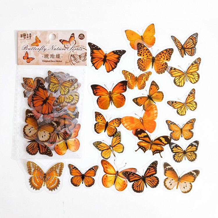 40Pcs/Bag Butterfly PET Sticker Multi Art Decals For DIY Album Book Removable Epoxy Resin Craft Making Filling Home Decor